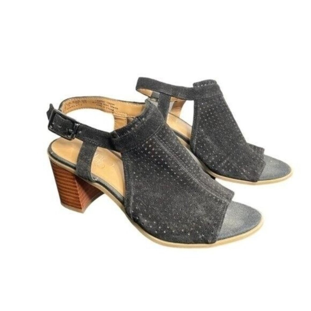 Franco Sarto Harlet 2 Black Perforated Suede Block Heel Sandals Womens 6M